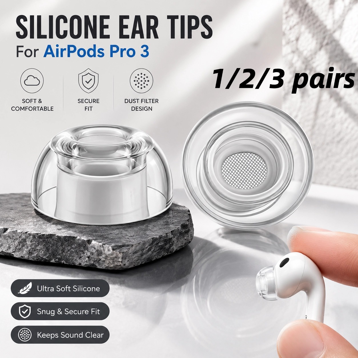 Silicone Ear Tip Replacement - 1/2/3쌍 에어팟 프로 3용 투명 액체